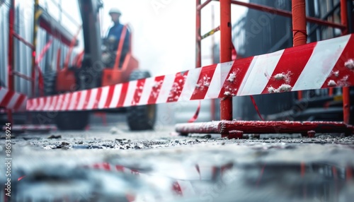 Safety measures on construction site red white barrier tape used to warn of hazards such as dropped objects in the telehandler operation zone photo