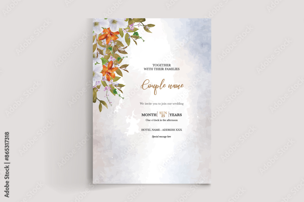 WEDDING INVITATION FRAME WITH FLOWER DECORATIONS AND FRESH LEAVES WEDDING INVITATION FRAME WITH FLOWER DECORATIONS AND FRESH LEAVES