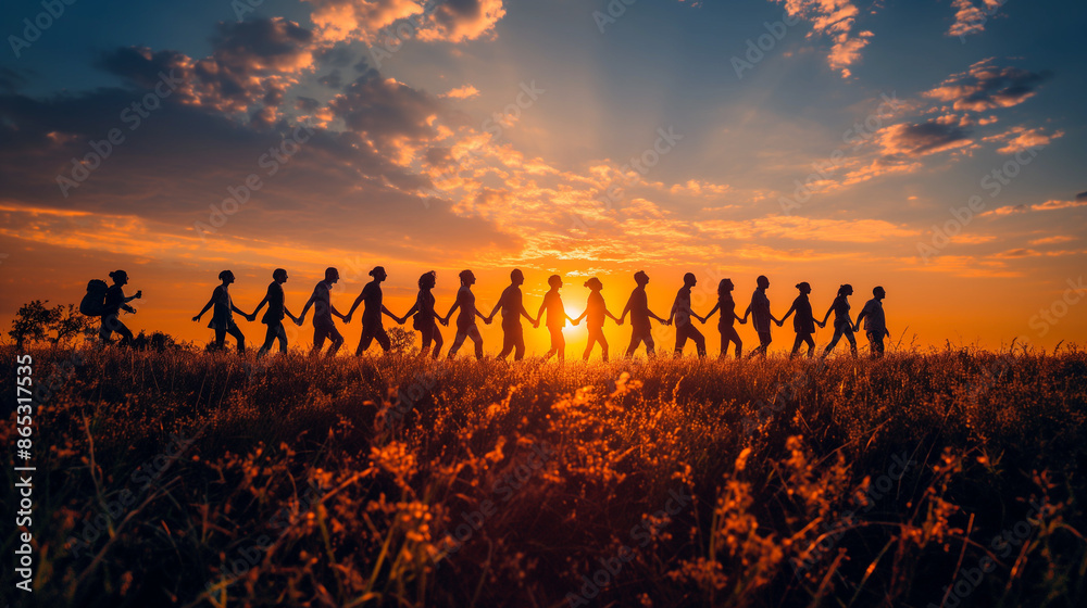 A group of people engaged in trekking, camping, silhouetted against a beautiful sunset A group of people engaged in trekking, camping, silhouetted against a beautiful sunset
