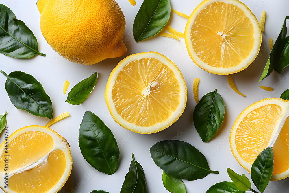 Fresh Lemons and Green Leaves on White Background - Vibrant Citrus Fruits and Foliage Fresh Lemons and Green Leaves on White Background - Vibrant Citrus Fruits and Foliage