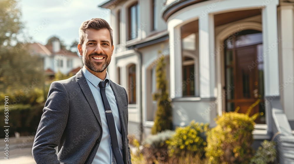 Portrait of handsome smiling real estate agent standing in front of luxury home. Portrait of handsome smiling real estate agent standing in front of luxury home.