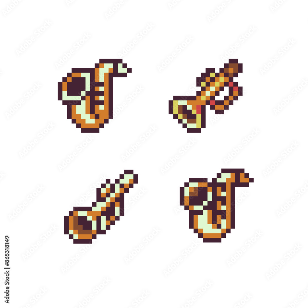 Obraz premium Trumpet musical instrument pixel art web icon set. Design for logo game, sticker, web, mobile app, badges and patches. Isolated vector illustration.