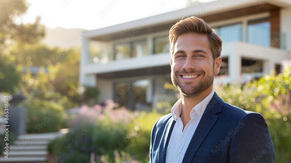 Portrait of handsome smiling real estate agent standing in front of luxury home. Portrait of handsome smiling real estate agent standing in front of luxury home.