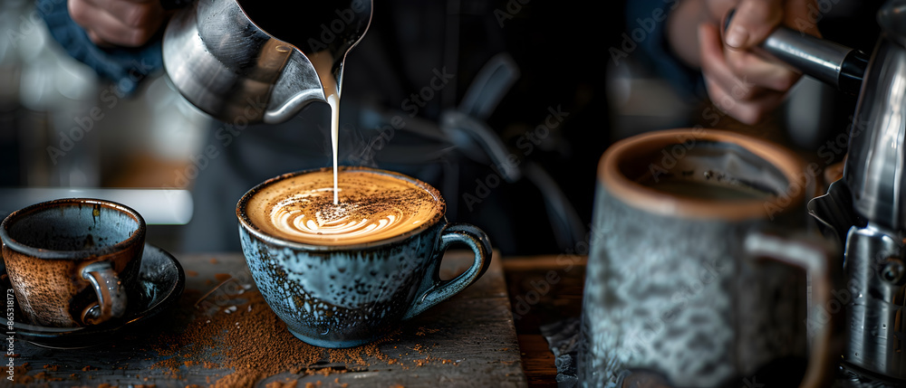 Barista Pouring Steamed Milk into a Cappuccino in a Rustic Coffee Shop Setting Barista Pouring Steamed Milk into a Cappuccino in a Rustic Coffee Shop Setting