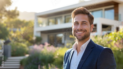 Portrait of handsome smiling real estate agent standing in front of luxury home.