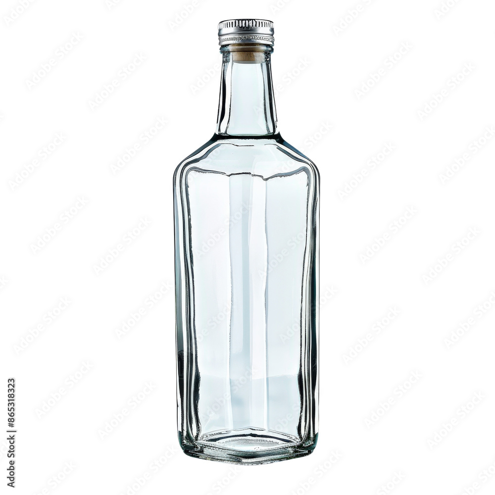 Clear empty glass bottle with a cap, isolated on white background, perfect for packaging design and product presentation. Clear empty glass bottle with a cap, isolated on white background, perfect for packaging design and product presentation.