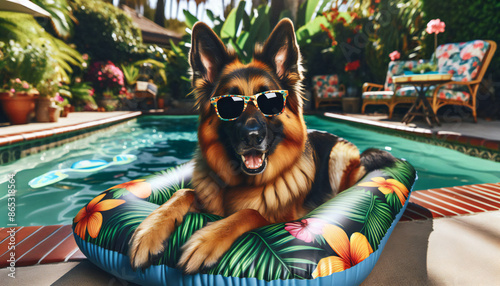 An image of a german sheppard relaxing comfortably in a pool float photo