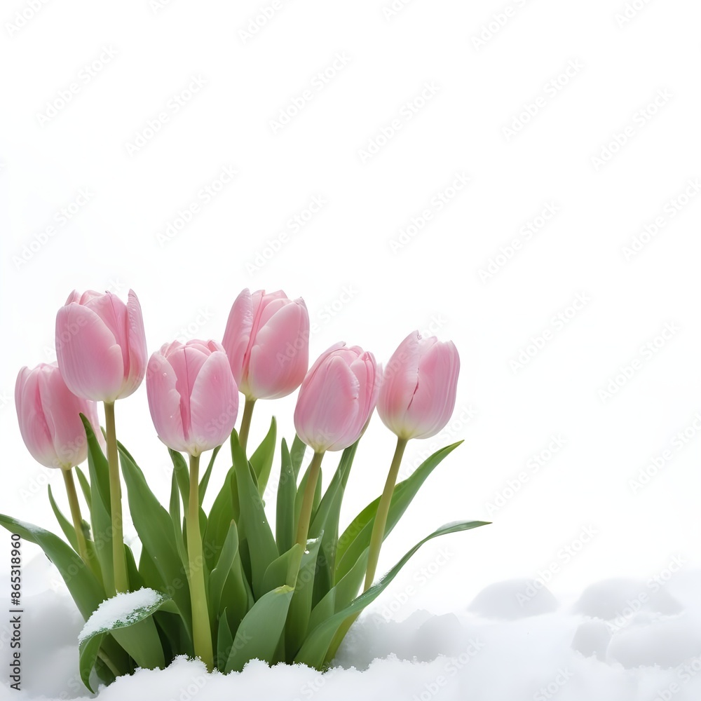 Pink tulips blooming in the snow , with green leaves and stems against a white background and copy space Pink tulips blooming in the snow , with green leaves and stems against a white background and copy space