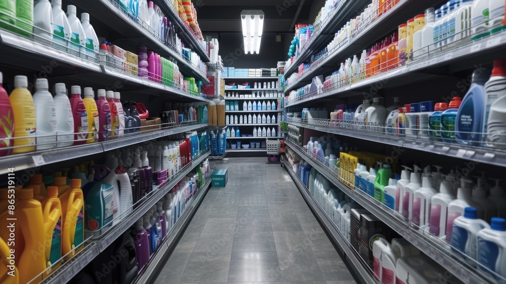 Household goods department in a store. There are various washing powders and fabric softeners on the supermarket shelves. Row of different laundry detergents for clothing. Domestic cleaners. Household goods department in a store. There are various washing powders and fabric softeners on the supermarket shelves. Row of different laundry detergents for clothing. Domestic cleaners.