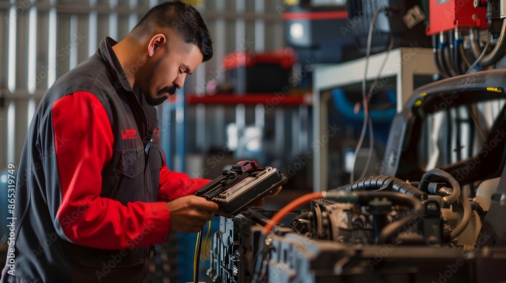 Mechanic Performing Engine Load Test with Specialized Equipment for Diagnostics and Performance Mechanic Performing Engine Load Test with Specialized Equipment for Diagnostics and Performance