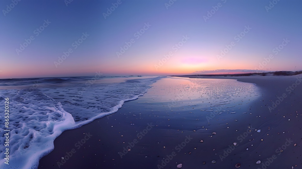 A serene beach scene at dusk, with the sky transitioning from blue to shades of lavender and peach. The horizon is clearly visible at the center, dividing the calm ocean and the vibrant sky. A serene beach scene at dusk, with the sky transitioning from blue to shades of lavender and peach. The horizon is clearly visible at the center, dividing the calm ocean and the vibrant sky.