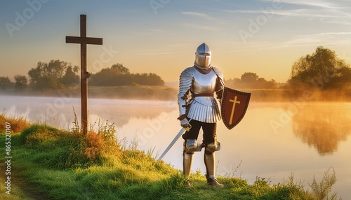 Ephesians - The Armor of God. The Knight wearing Armor of God based on Bible text in Ephesians 6. 
Breastplate of Righteousness and Shield of Faith.  photo