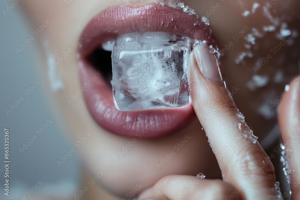 Fototapeta premium Closeup view of woman's lips while biting freezing ice cube, held between fingers