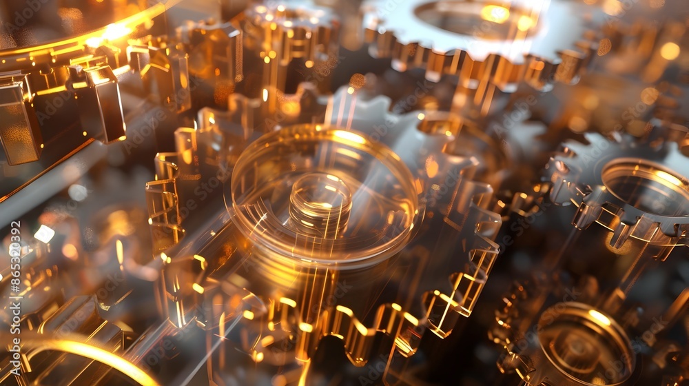 Transparent Gears with Light Beams Representing Clarity in Business