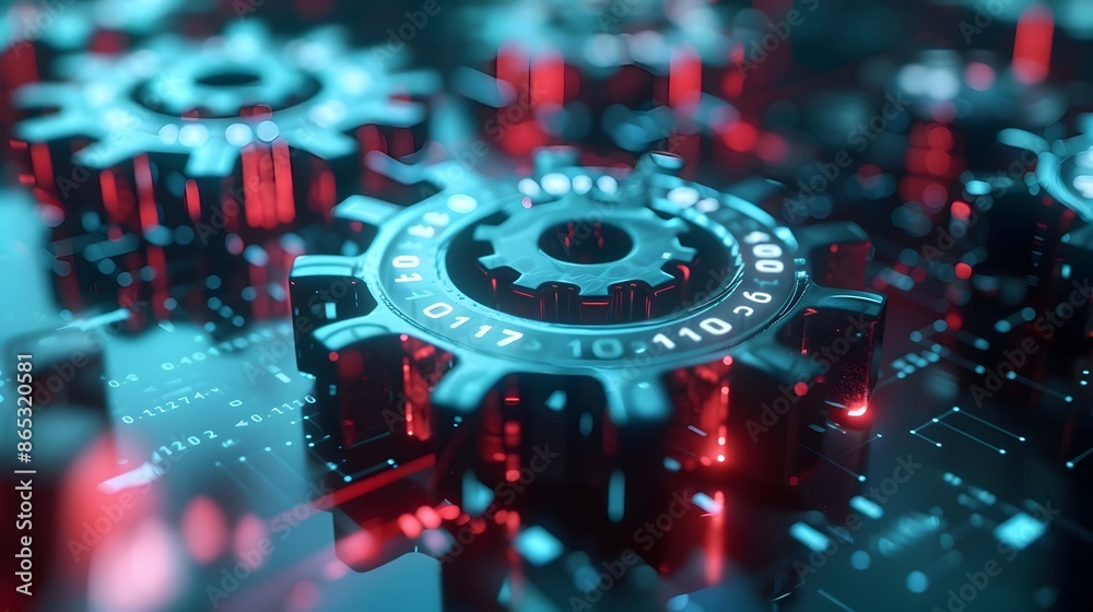 Digital Gears with Binary Code Textures Symbolizing Data-Driven Business Strategies Digital Gears with Binary Code Textures Symbolizing Data-Driven Business Strategies