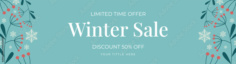 Winter sale banner template with snow flakes and plants, sale design Vector illustration Winter sale banner template with snow flakes and plants, sale design Vector illustration
