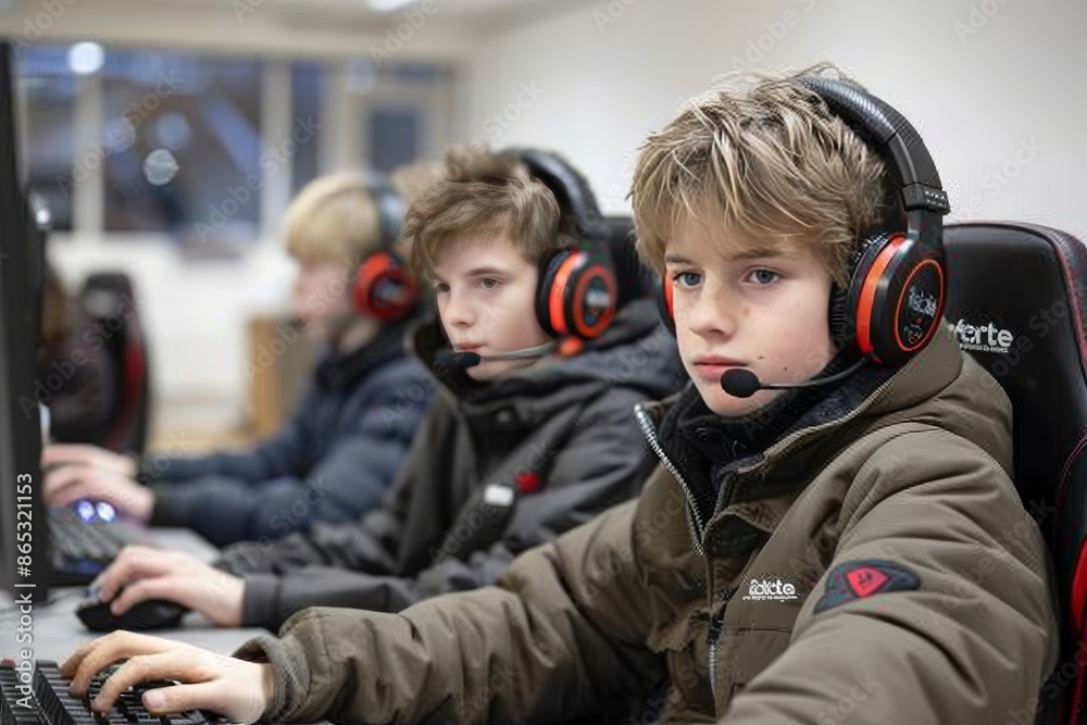 Young Boy Wearing Headphones Plays Video Games in a Computer Lab Young Boy Wearing Headphones Plays Video Games in a Computer Lab