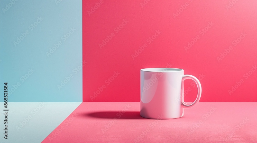 White mug on pink table with blue background, minimal tea coffee White mug on pink table with blue background, minimal tea coffee