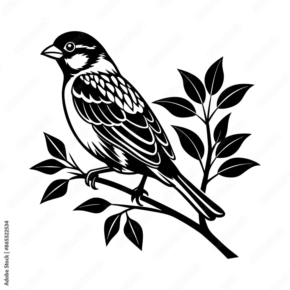 A Highly Detailed Sparrow Silhouette on Tree Branch A Highly Detailed Sparrow Silhouette on Tree Branch