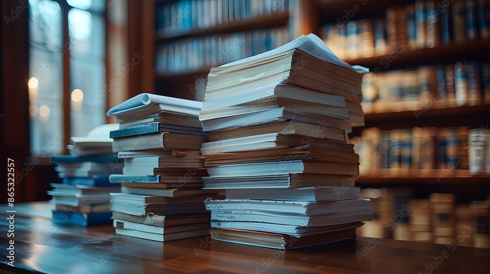 A stack of papers and books on the desk, representing study work or production for university students in an office or library with a blurred background. A stack of papers and books on the desk, representing study work or production for university students in an office or library with a blurred background.