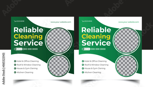 Corporate office and house cleaning service business promotion social media post or web banner template design. Housekeeping, wash, clean or repair service marketing flyer with abstract background.