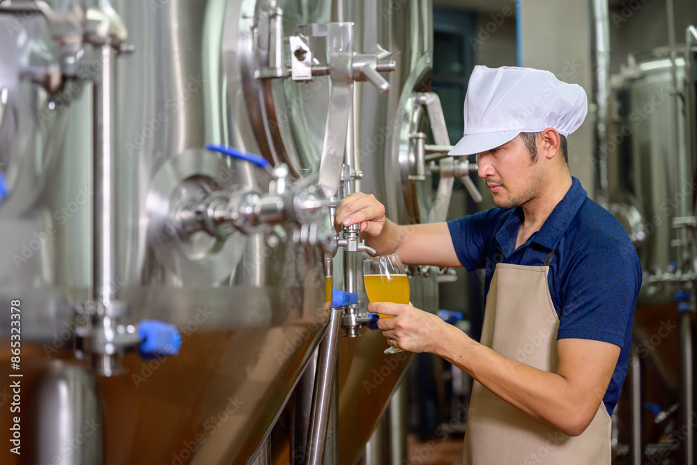 A young male brewer holds a beer glass in his hand to check the flavor and color of beer in craft beer in the brewery industry. A young male brewer holds a beer glass in his hand to check the flavor and color of beer in craft beer in the brewery industry.