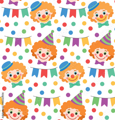 Seamless pattern with fun clowns faces and banners. Vector colorful background in flat style