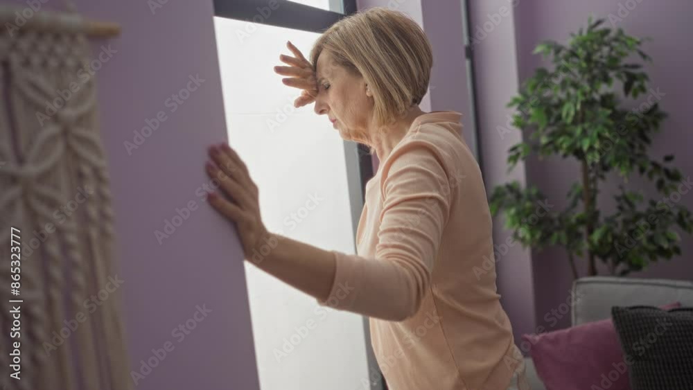 An elderly blonde woman leaning against a window in her living room, appearing dizzy in a modern apartment with purple walls and indoor plants.