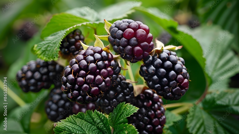 Blackberries in their natural setting, showcasing the rich color and texture of these dark purple fruits growing on lush green leaves. Blackberries in their natural setting, showcasing the rich color and texture of these dark purple fruits growing on lush green leaves.