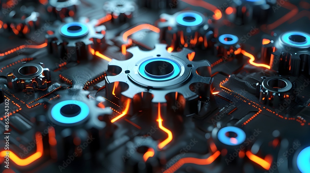 Fototapeta premium Futuristic 3D Gears with Neon Circuits Symbolizing Modern Business Infrastructure
