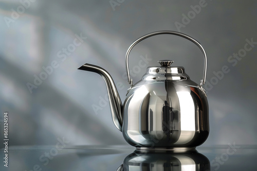 a silver tea kettle on a reflective surface photo