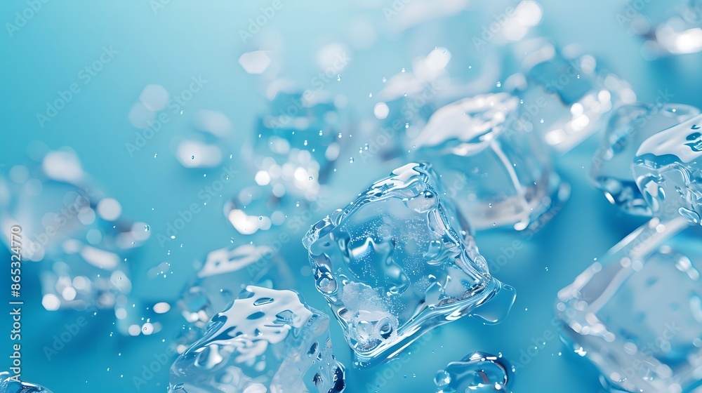 Crisp and refreshing blue background with ice cubes scattered across the surface, creating an atmosphere of coolness and clarity