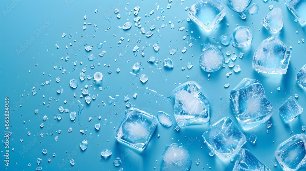 Crisp and refreshing blue background with ice cubes scattered across the surface, creating an atmosphere of coolness and clarity Crisp and refreshing blue background with ice cubes scattered across the surface, creating an atmosphere of coolness and clarity