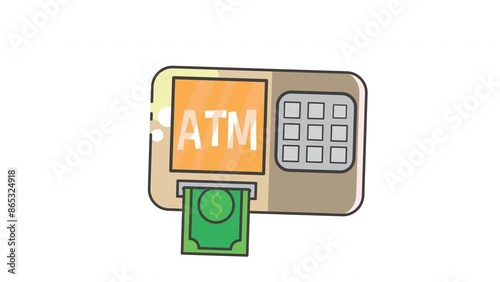 Animated of Cartoon ATM with cash bill suitable for financial illustrations, banking concepts, and moneyrelated designs in a playful style, Alpha channel only on 4k photo