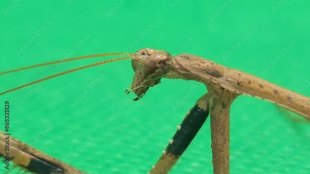 Praying mantis isolated on green background closeup. Praying mantis isolated on green background closeup.