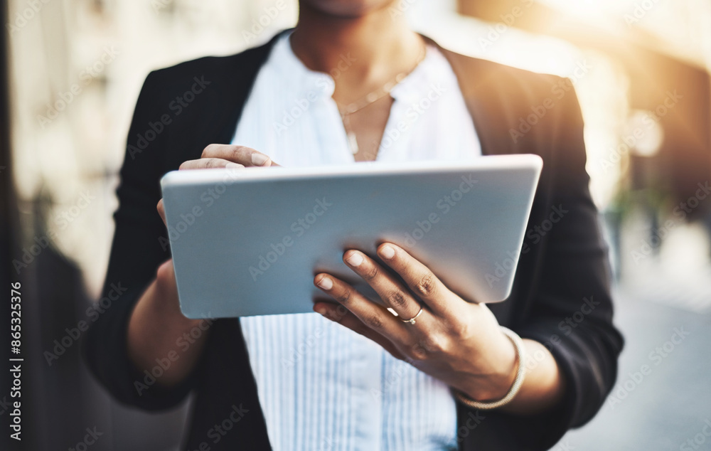 Morning, business woman and tablet in city for travel, social media or networking on street sidewalk. Lens flare, outdoor and hands of person for journey, online browsing or commute in urban town Morning, business woman and tablet in city for travel, social media or networking on street sidewalk. Lens flare, outdoor and hands of person for journey, online browsing or commute in urban town
