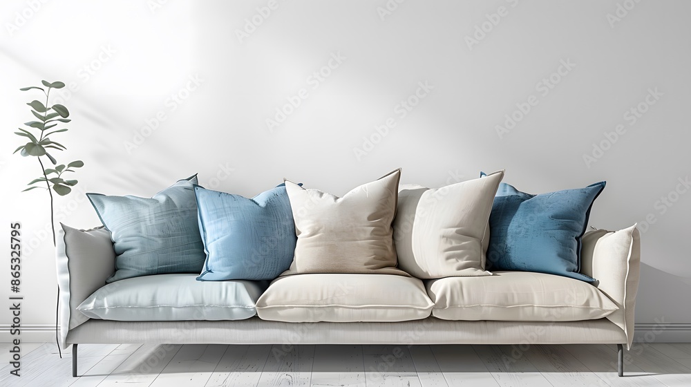 Obraz premium Gentle, pastel-colored pillows arranged on a light grey, modern sofa. The setting is bright and airy, with a focus on soft textures and subtle color contrasts.