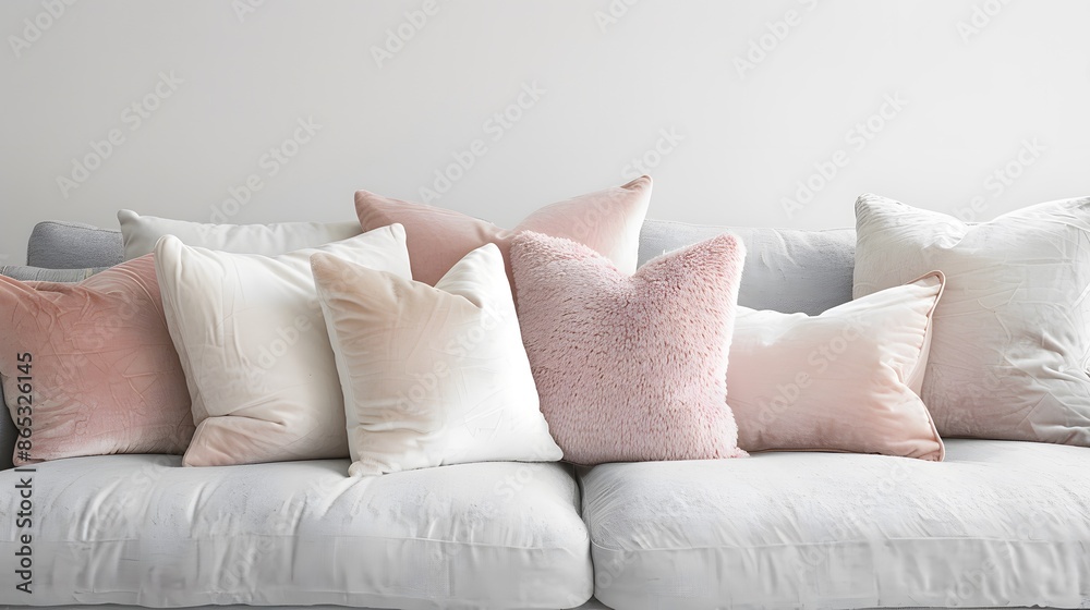Gentle, pastel-colored pillows arranged on a light grey, modern sofa. The setting is bright and airy, with a focus on soft textures and subtle color contrasts. Gentle, pastel-colored pillows arranged on a light grey, modern sofa. The setting is bright and airy, with a focus on soft textures and subtle color contrasts.