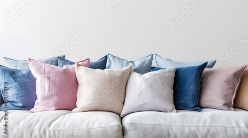 Gentle, pastel-colored pillows arranged on a light grey, modern sofa. The setting is bright and airy, with a focus on soft textures and subtle color contrasts.