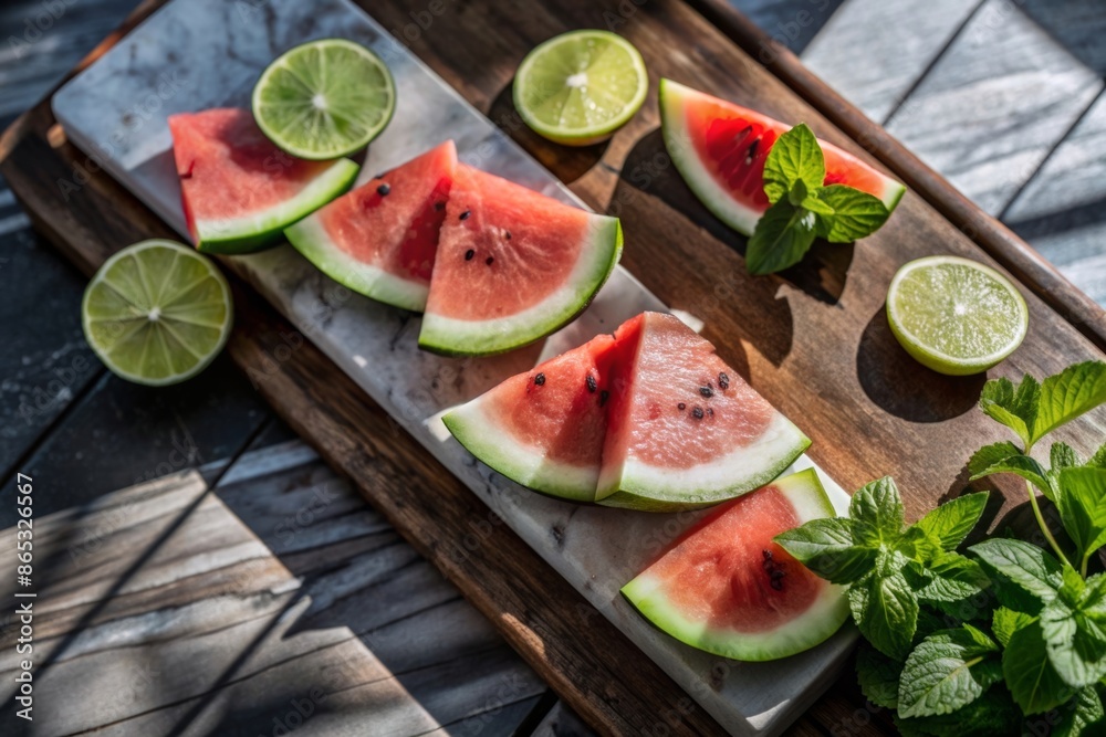 Juicy watermelon slices on grey marble, fresh lime, mint, seeds, background, top view Juicy watermelon slices on grey marble, fresh lime, mint, seeds, background, top view