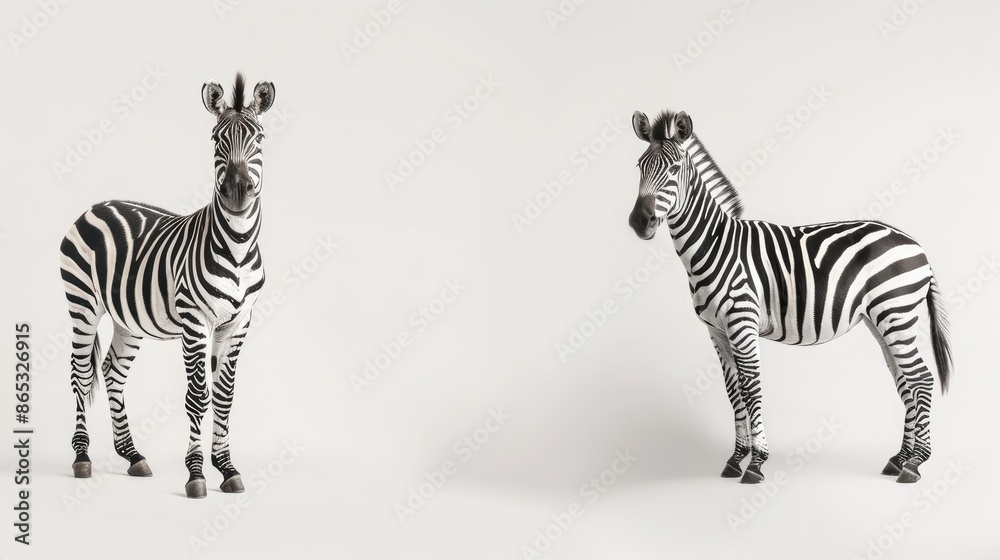 Fototapeta premium Beautiful zebra isolated on a white background, its distinctive black and white coat standing out in sharp relief against the blank canvas