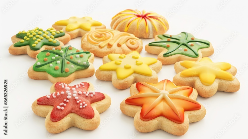 A group of 10 colorful cookies in the shape of stars are laid out on a white background A group of 10 colorful cookies in the shape of stars are laid out on a white background
