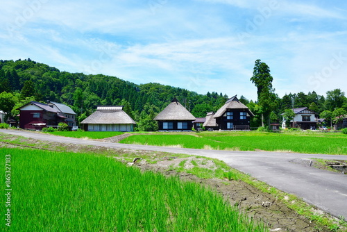 初夏の荻ノ島かやぶき環状集落（新潟県）