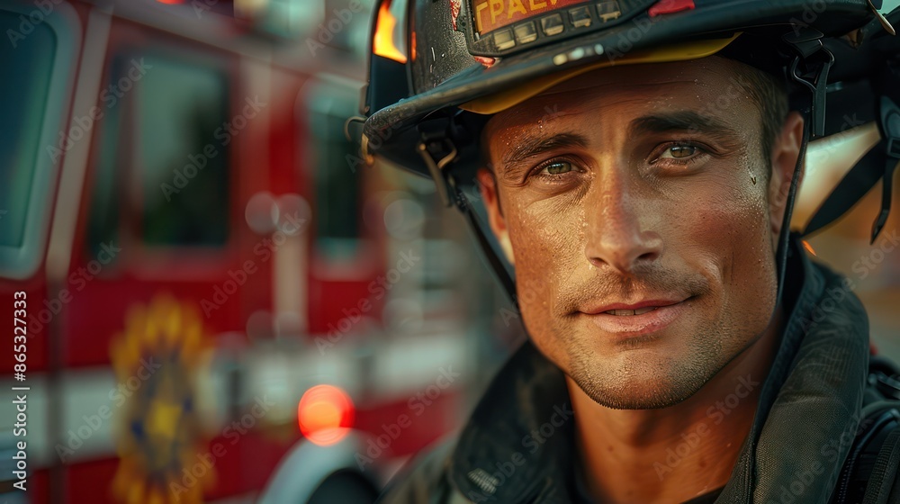 Fototapeta premium A Firefighter in full gear Standing proudly in front of a fire truck celebrate labor day and the bravery of first responders.
