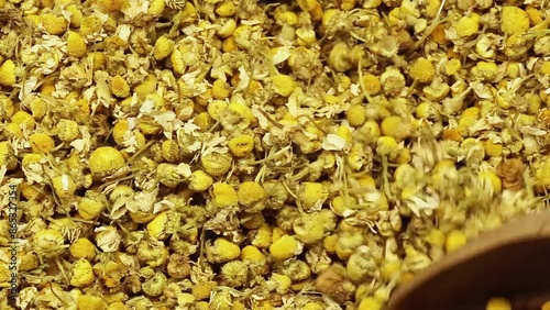 chamomile tea plant and wooden spoon, video