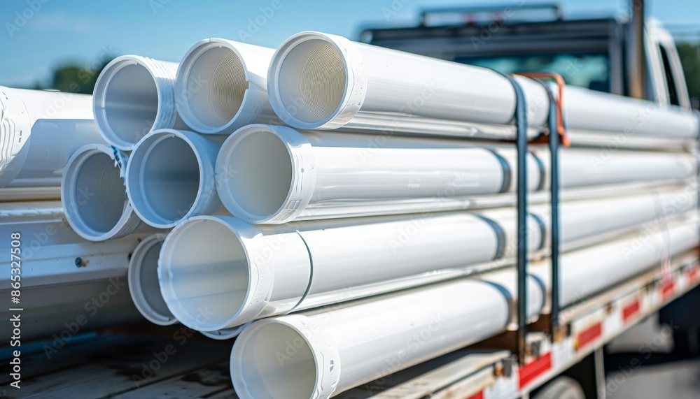 Stacked on the back of a truck white plastic irrigation pipes Stacked on the back of a truck white plastic irrigation pipes