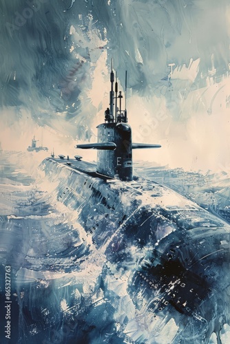 A watercolor painting of a submarine driving on the surface of the ocean. Use for wallpapers, posters, postcards, brochures.