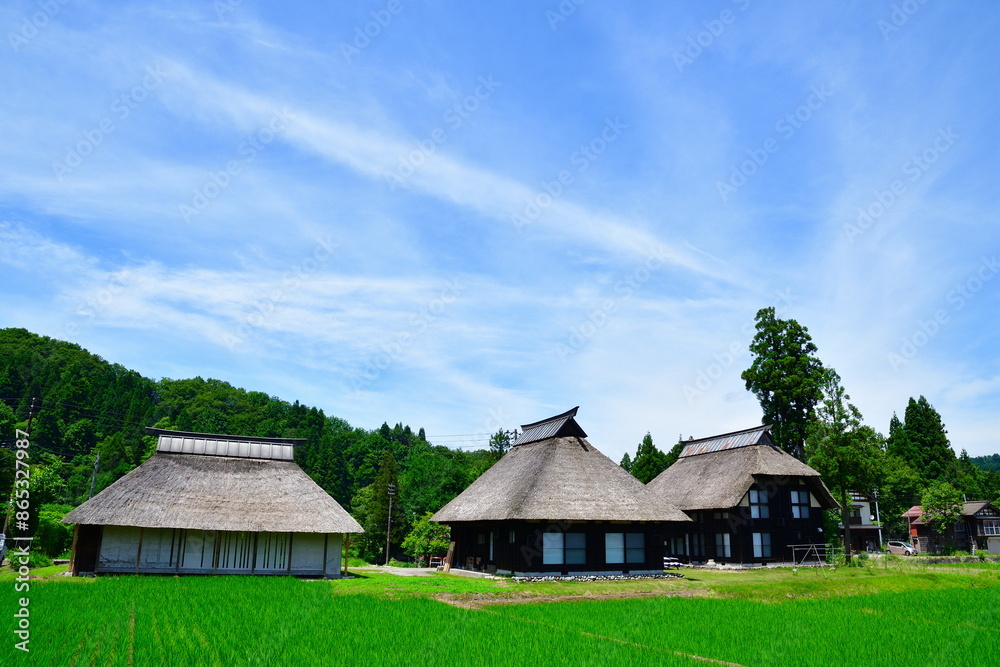 初夏の荻ノ島かやぶき環状集落（新潟県）