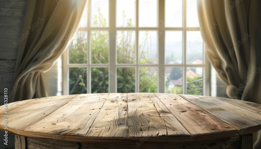 Table with blurred window and curtain backdrop Table with blurred window and curtain backdrop