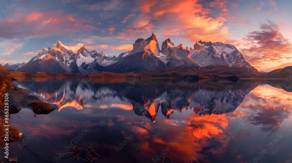 Majestic mountains at dawn, with orange and pink hues painting the sky. The panorama includes a clear view of the mountain range on the right, contrasting with the soft morning light. Majestic mountains at dawn, with orange and pink hues painting the sky. The panorama includes a clear view of the mountain range on the right, contrasting with the soft morning light.